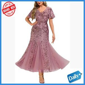 Sequin Mermaid Formal Evening Dress V-Neck Short Sleeves Maxi Length
